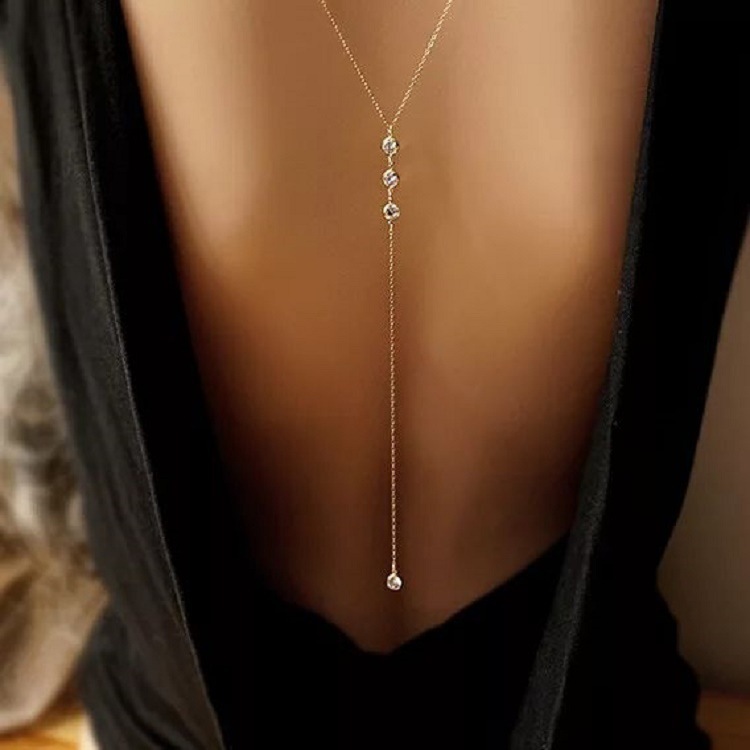 Body Chain Jewelry - ラインストーン付きセクシーな女性用バックチェーンネックレス、ビキニビーチクロスオーバーボディジュエリー、ウェディングバックドレス、フェスティバルアクセサリー