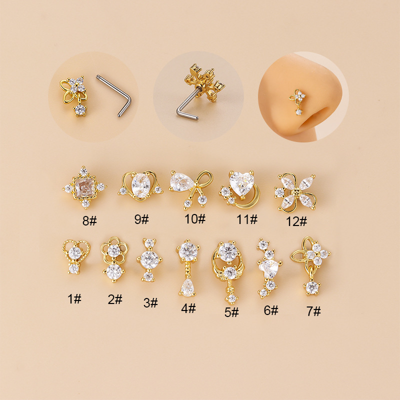 Body Jewelry Septum - 20G L字型キュービックジルコニアノーズスタッド、サージカル316Lステンレス鋼製ノーズリップ耳ピアスジュエリー、女性女の子向けトレンド
