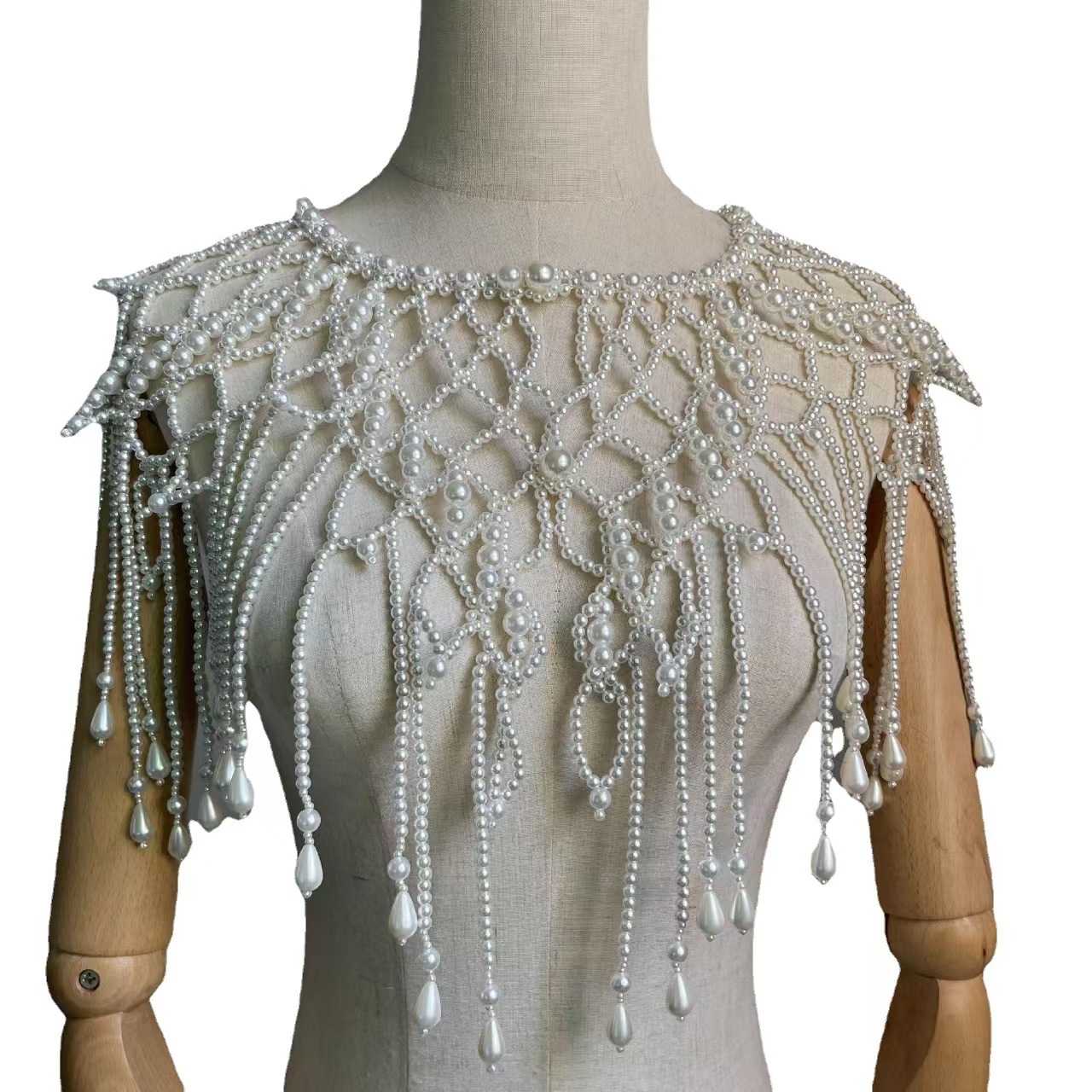 Body Jewelry Vest - ビクトリア朝風のビーズ付きショールベスト、絶妙なティアドロップフリンジポンチョ、メッシュカラー、ブライダルオーバーレイ、フェスティバルジュエリー