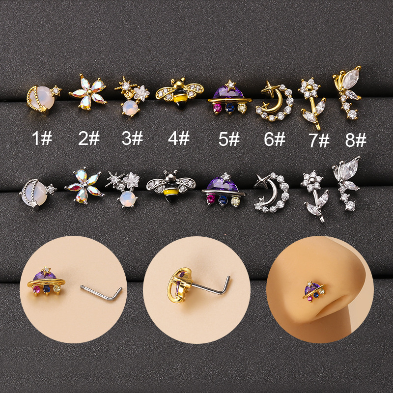 Body Jewelry Indian - 316l外科用ステンレス鋼cz鼻スタッド、カラフルなインドのネジ花、鼻リング、ピアスジュエリー、ファッション、20g