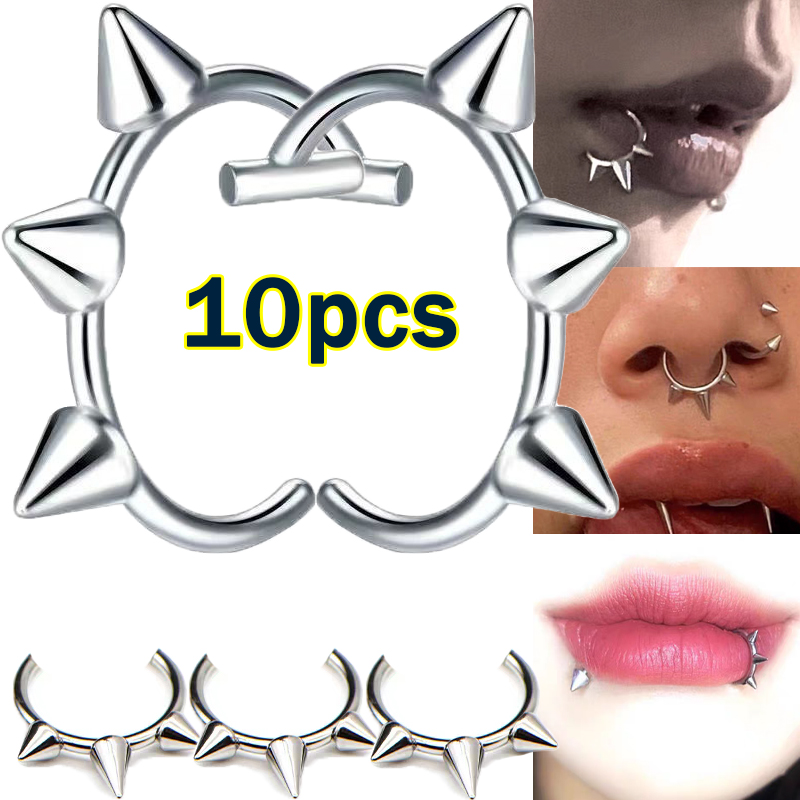 Body Jewelry Nose Ring - 10 個パンクノーズリング 1 つの爪デュアル使用リップリングステンレス鋼 C 型フェイクリベットクリップ非ボディピアスフープジュエリー