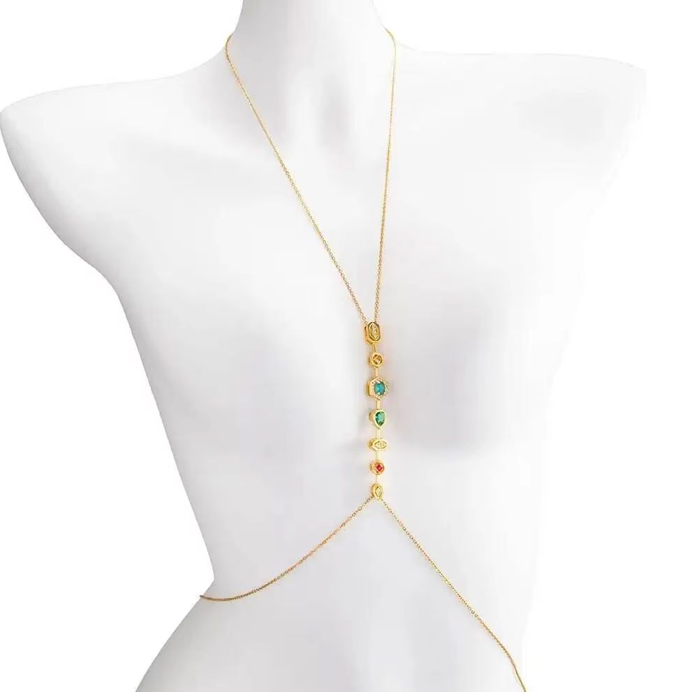 Body Chain Jewelry - PuRui 絶妙なカラフルなジルコンステンレス鋼胸チェーンウエストチェーン女性夏セクシーなビキニ防水ボディジュエリー