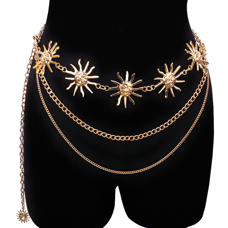 Body Chain Jewelry - チャンキーな多層パンクゴシックムーンサンウエストチェーンメタルウエストベルト、女性用ドレスジュエリーボディチェーンジュエリー
