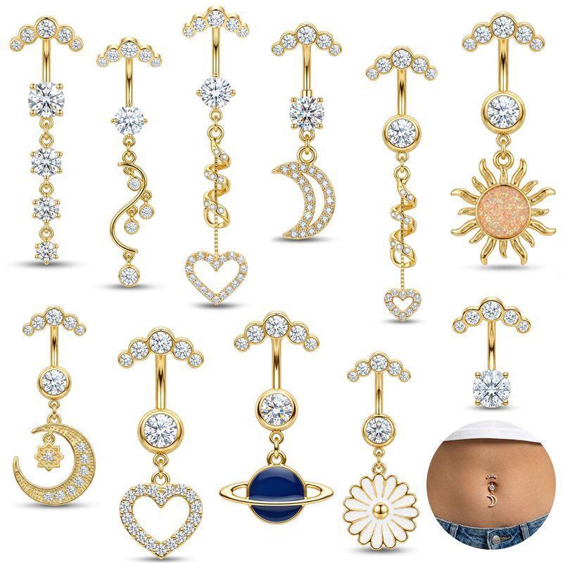 Body Jewelry For Sensitive Skin - 5個入り ステンレス製ラインストーンベリーボタンリング ハート型カーブドネーブルピアス 敏感肌用
