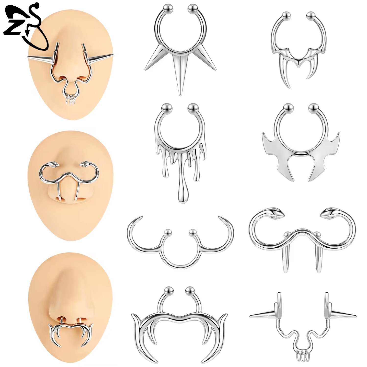 Body Jewelry Septum - Zs-男性と女性のためのパンクスタイルの偽のセプタムリング、不規則な鼻の袖口、ピアスなし、クリップオン、セプタムジュエリー、1個