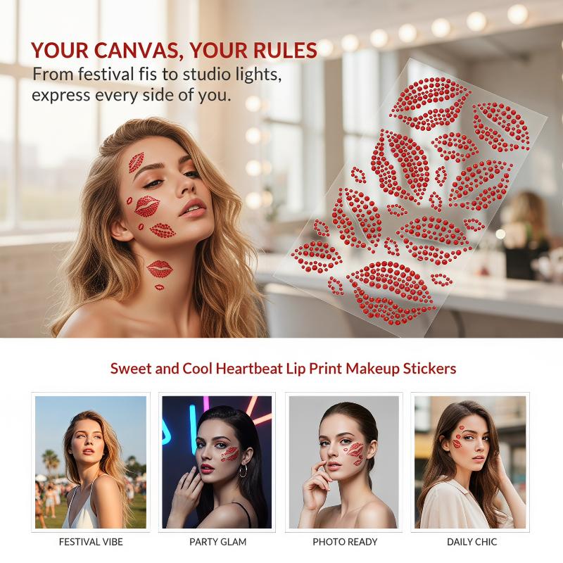 Body Jewelry Stickers - 1 シートリアルなレッドキスリップラインストーンステッカーセクシーな光沢のあるフェイスボディジュエリーデカール仮面舞踏会パーティー用