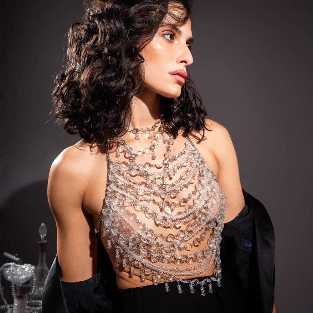 手作りビーズベストクリアクリスタルペンダントホルタートップシ - Body Jewelry Vest のレビューと価格