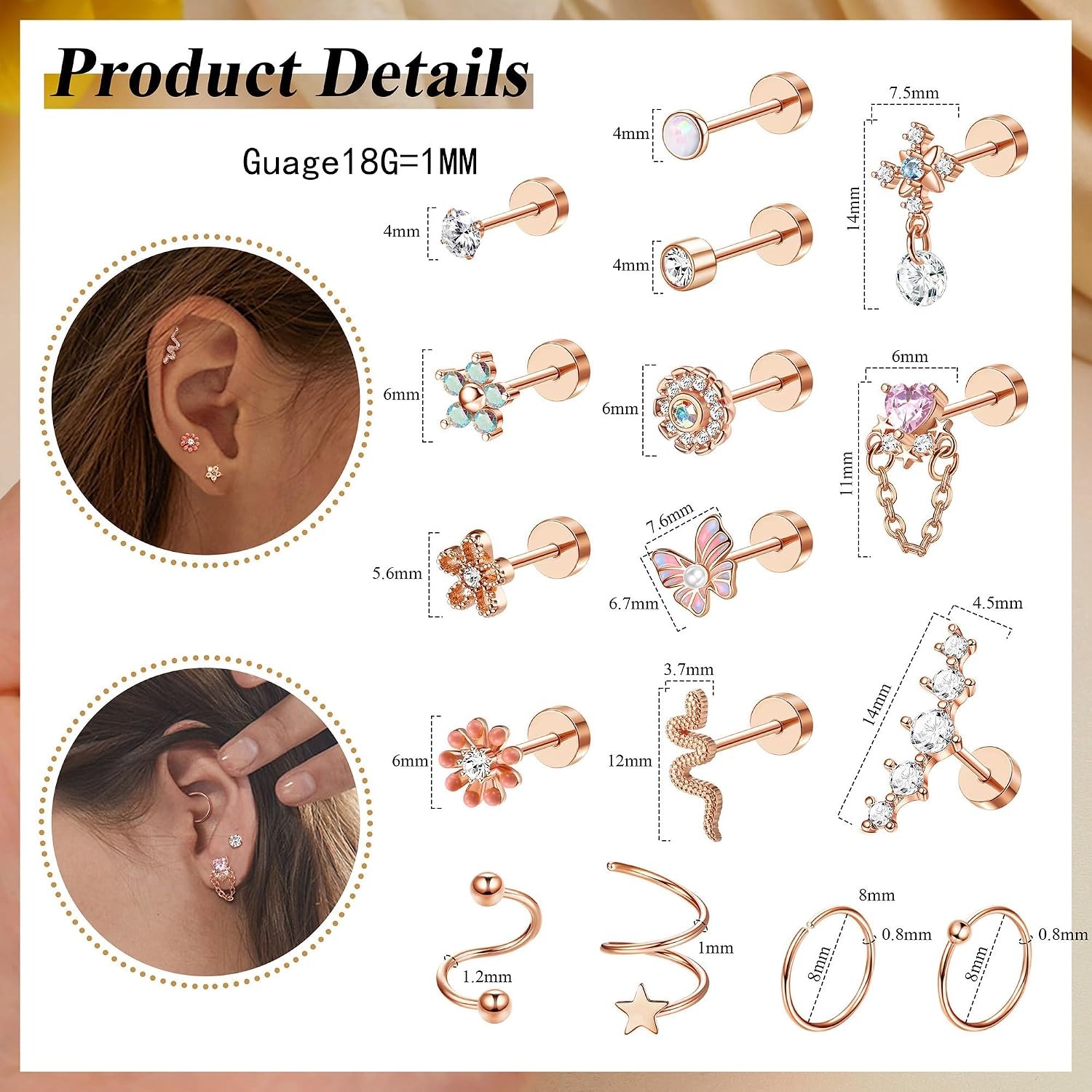ORAZIO 18個入り軟骨スタッドピアス 女性用 低刺激性 - Body Jewelry For Sensitive Skin のレビューと価格