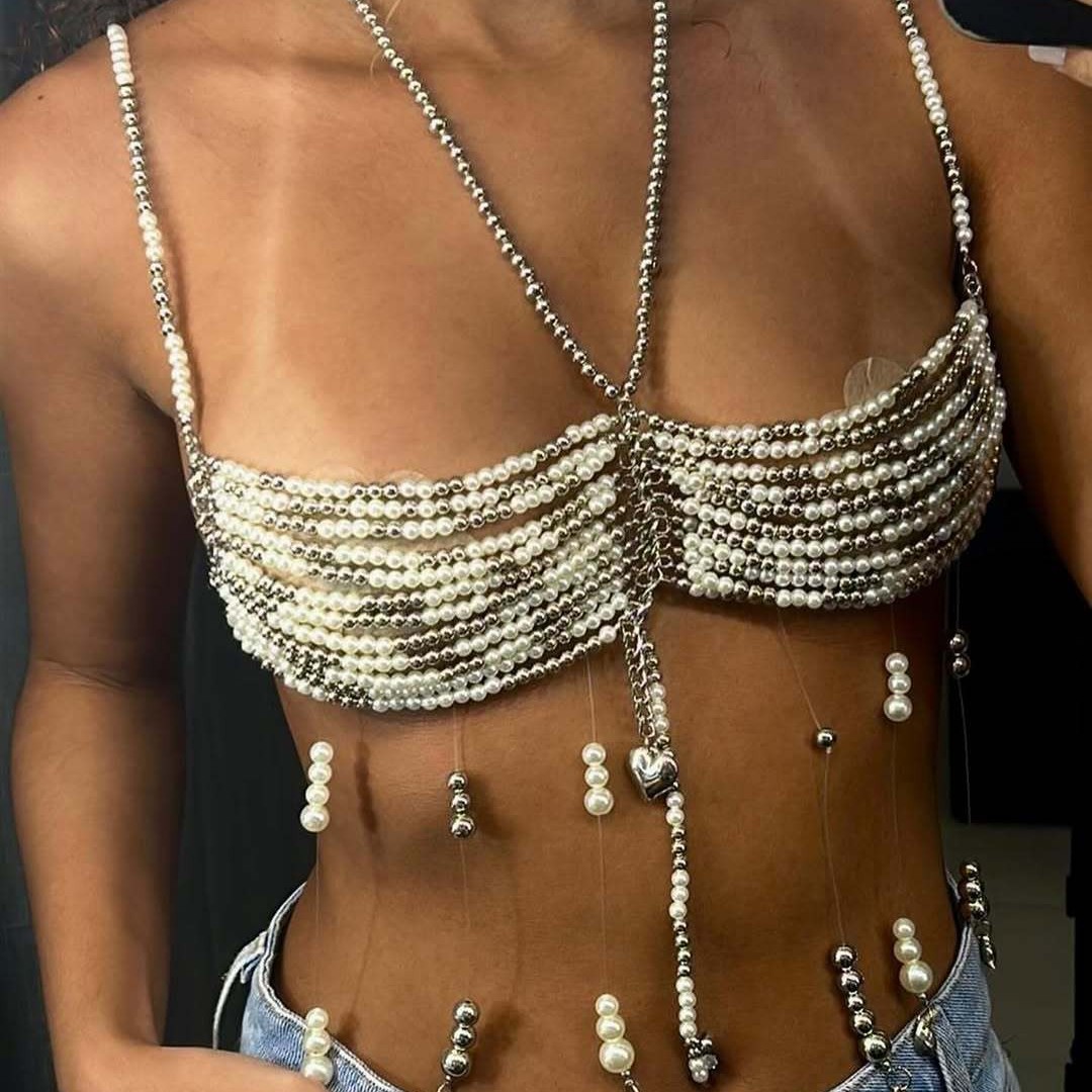 多層ホルターベストトップ、プラスチック織りパールビーズ、ブレ - Body Jewelry Vest のレビューと価格