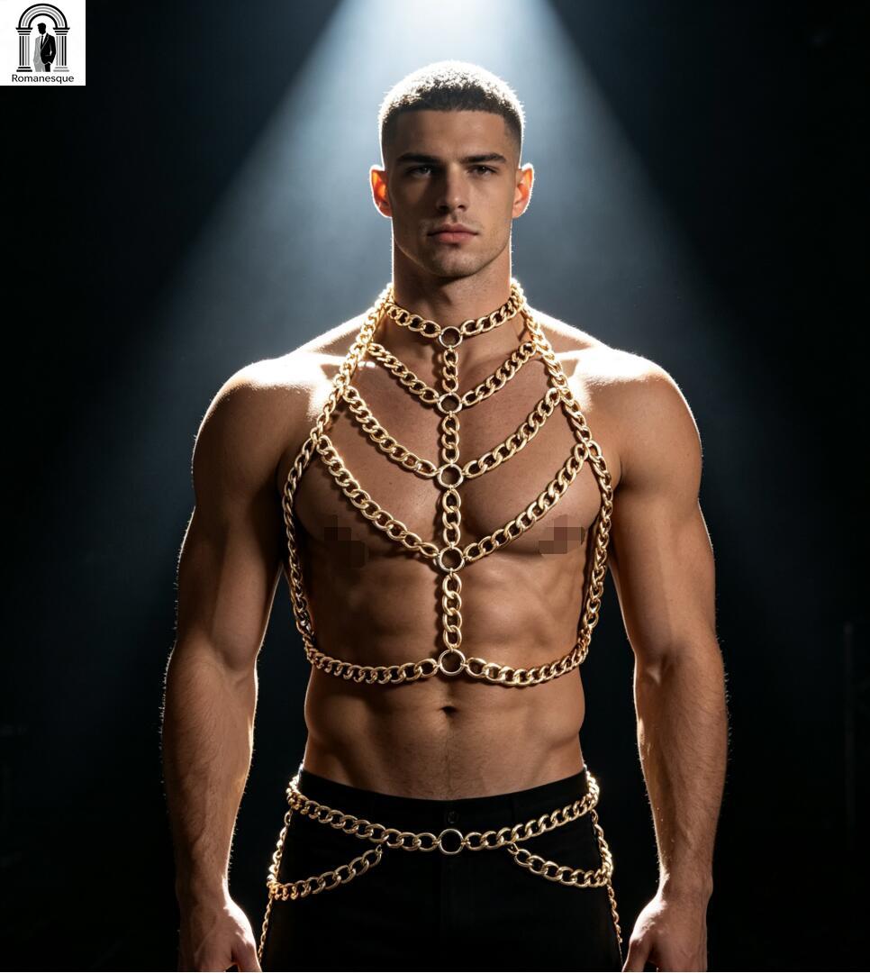 メンズシルバー厚いチェーンボディハーネスホルターネックチェス - Body Jewelry Vest のレビューと価格