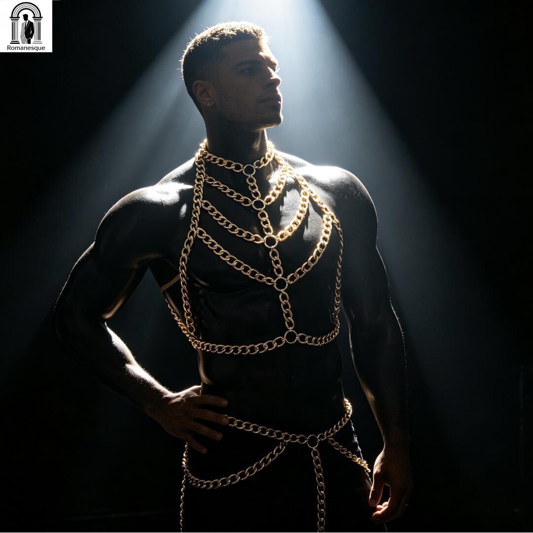 メンズシルバー厚いチェーンボディハーネスホルターネックチェス - Body Jewelry Vest のレビューと価格