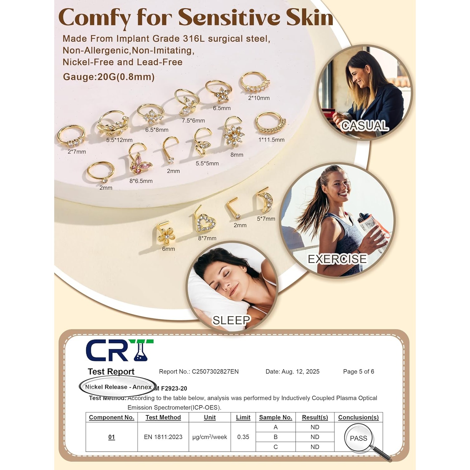 FASACCO 女性用ノーズリング 1個 低刺激性サージカル - Body Jewelry For Sensitive Skin のレビューと価格