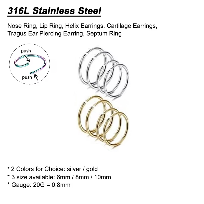 6個/ロット 低アレルギー性ノーズリングフープ 316Lサー - Body Jewelry Septum のレビューと価格