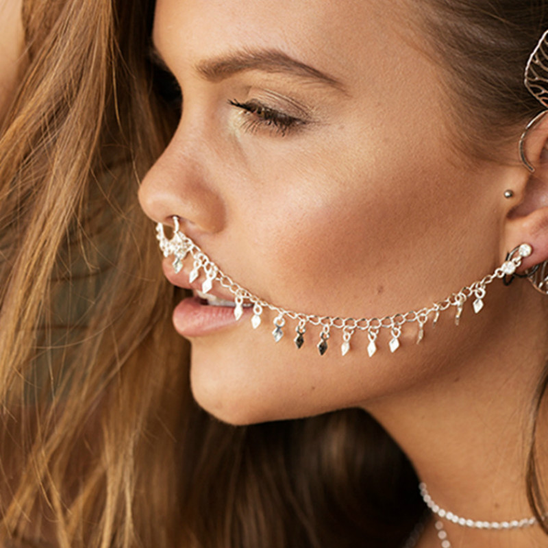 鼻リングチェーン、ぶら下げディスクフープ-耳チェーンノーズリ - Body Jewelry Indian のレビューと価格